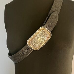 Vintage Justin Tooled Black Leather Belt with Ornate Silver Western Buckle